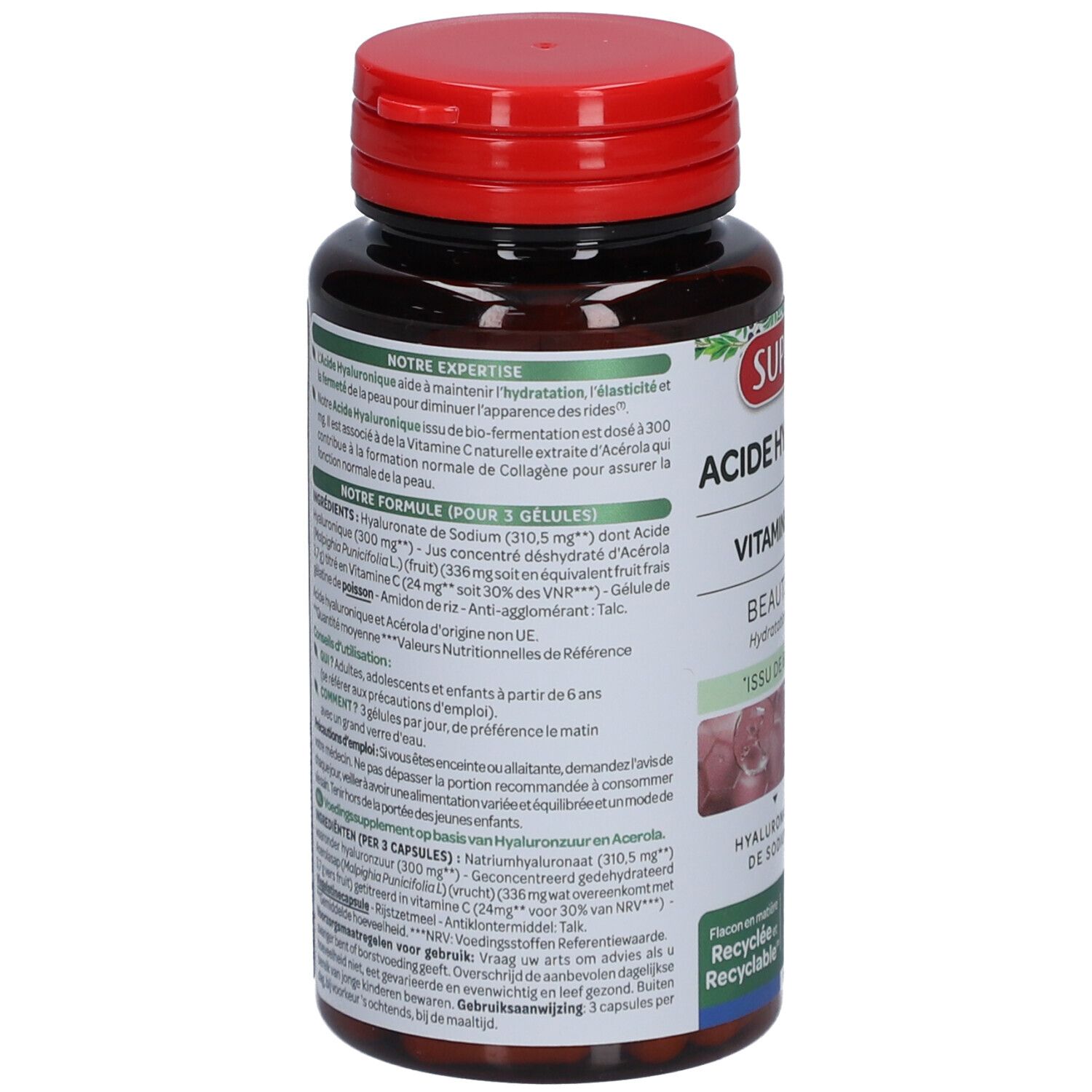 Rückseite der braunen Flasche. Text mit Inhaltsstoffen und Nährwertangaben. Roter Deckel.
