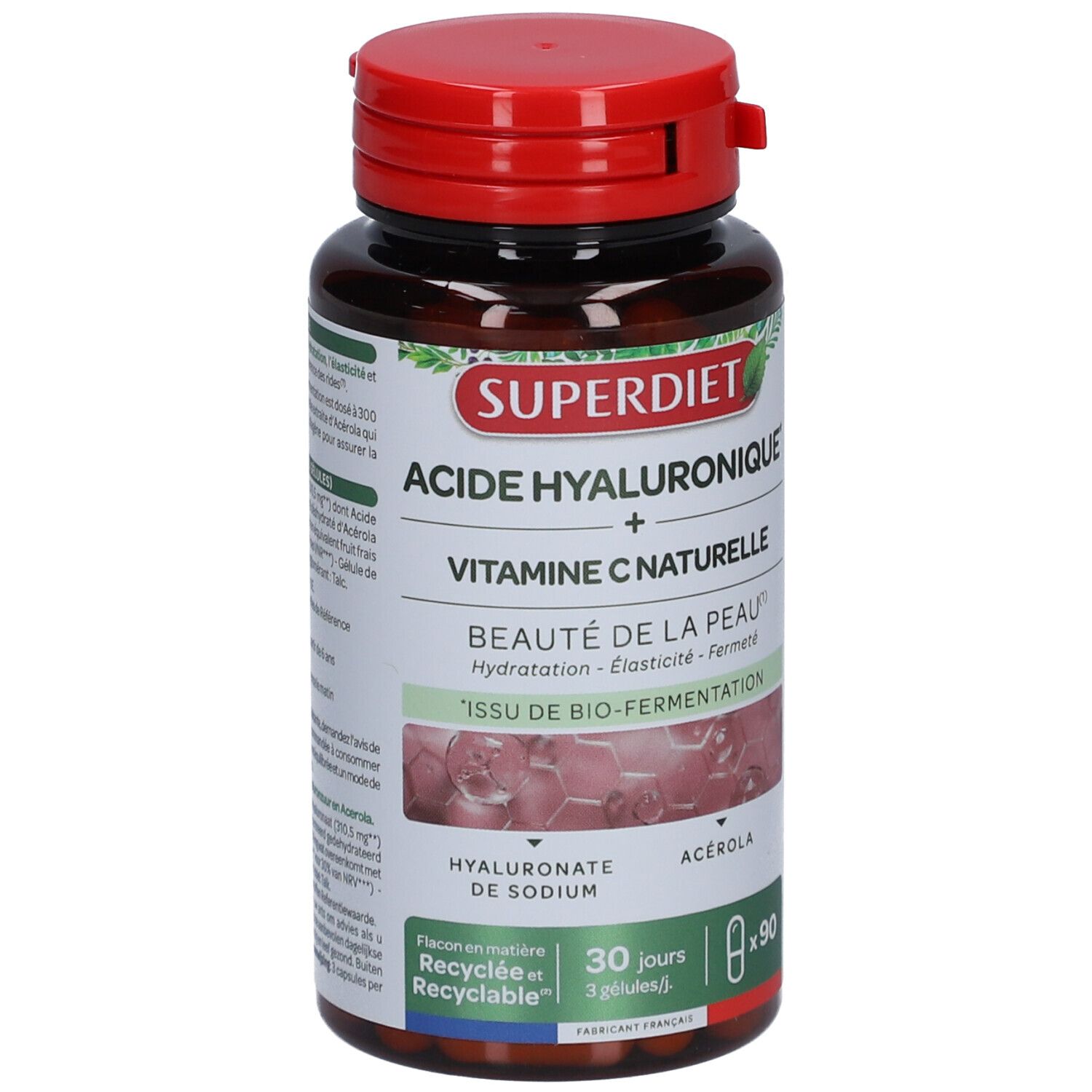 Braune Flasche mit rotem Deckel. Aufschrift: SUPERDIET, Acide Hyaluronique + Vitamine C naturelle. 90 Kapseln.