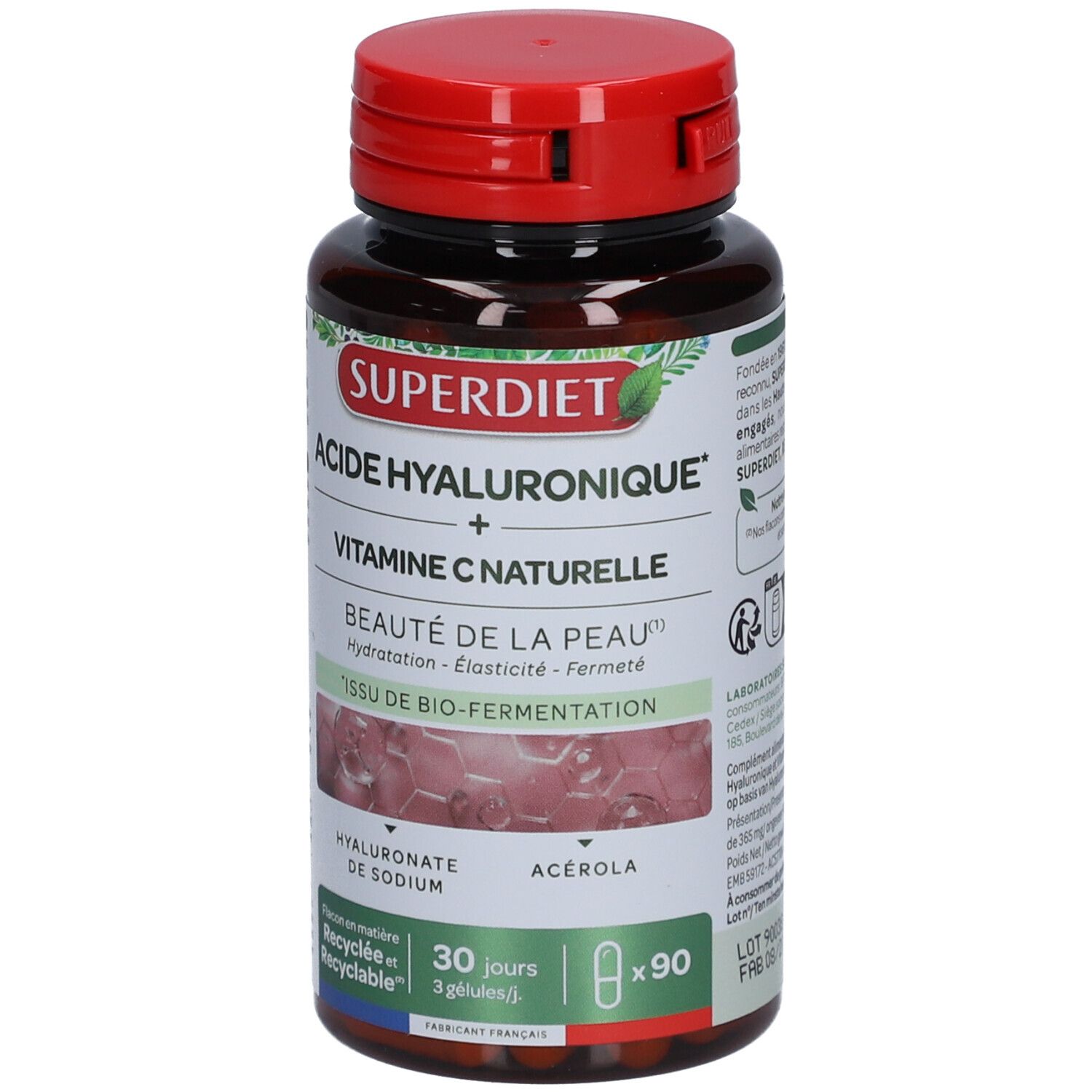 Braune Flasche mit rotem Deckel. Aufschrift: SUPERDIET, Acide Hyaluronique + Vitamine C naturelle. 90 Kapseln.