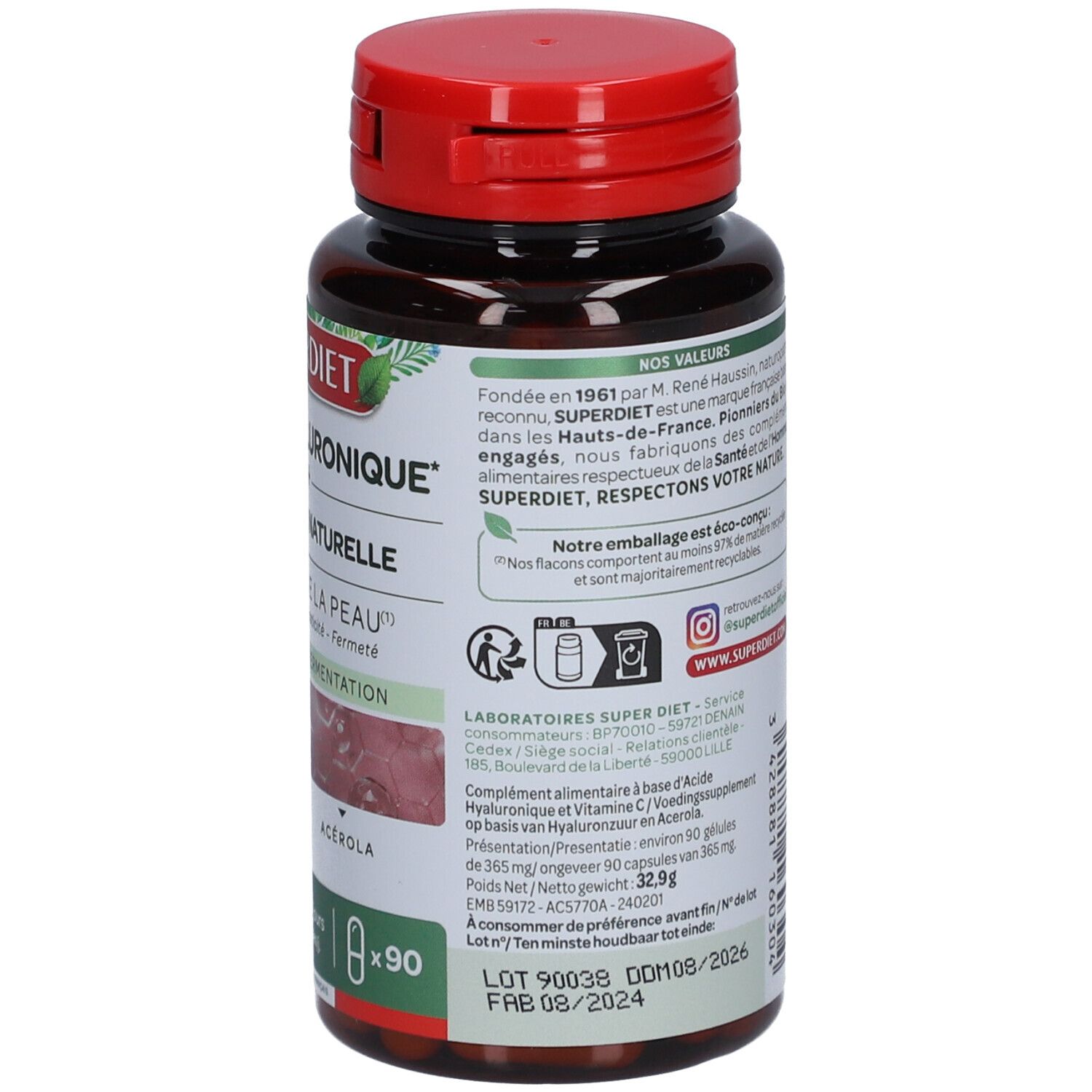 Rückseite der braunen Flasche. Text mit Informationen und QR-Code. Roter Deckel.