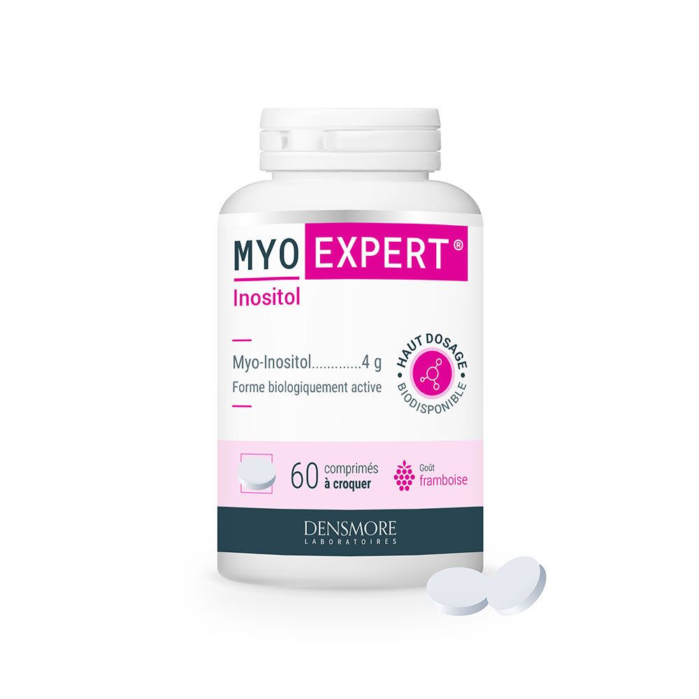 Flacon blanc avec étiquette rose. Inscription : MYO EXPERT Inositol. 60 comprimés. Deux comprimés à côté.