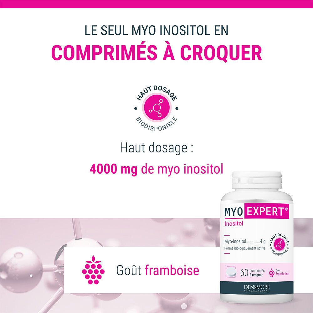 Encadré rose avec texte. Flacon MYO EXPERT Inositol. 60 comprimés. Goût framboise.