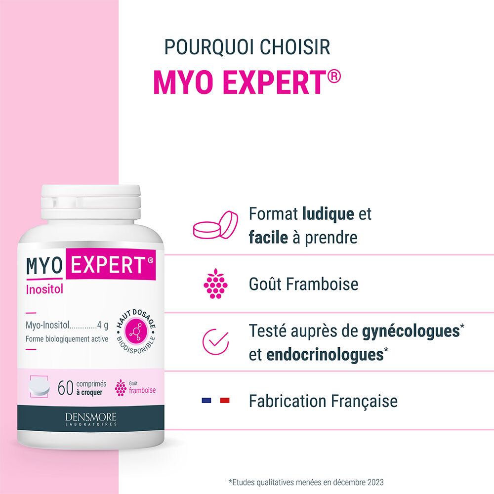 Flacon MYO EXPERT Inositol. 60 comprimés. Goût framboise. Fabriqué en France.