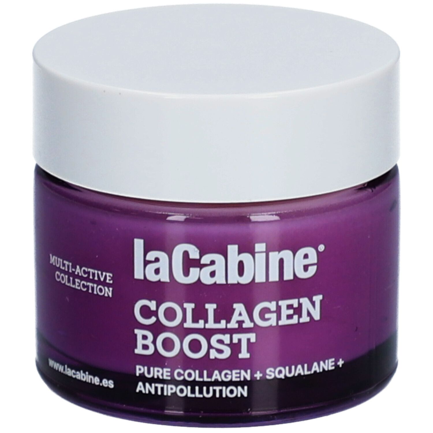 Crèmepot met witte deksel. Opschrift: laCabine COLLAGEN BOOST. Bevat pure collageen en squalaan. Paarse crème zichtbaar.