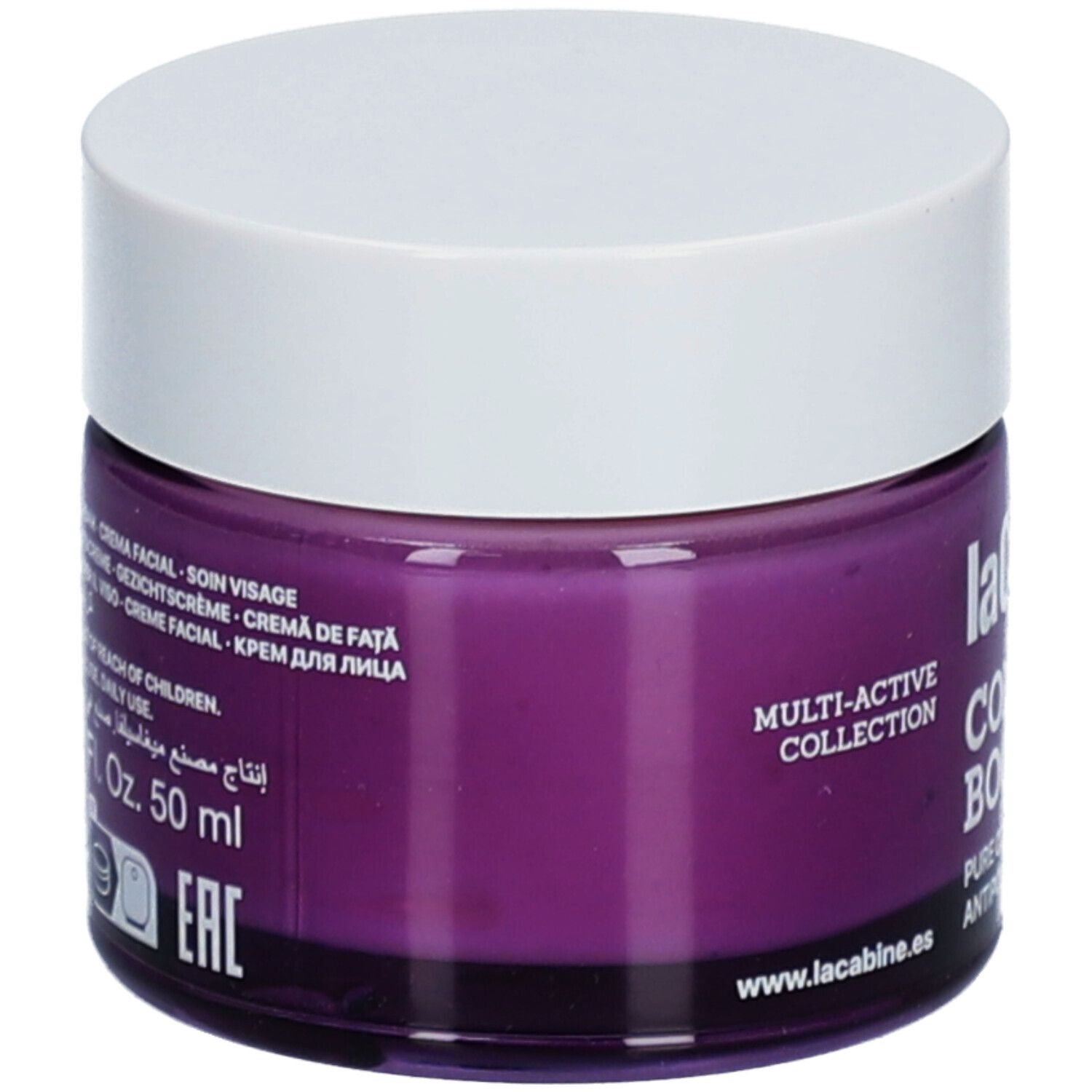 Crèmepot met witte deksel. Opschrift: laCabine COLLAGEN BOOST. Bevat pure collageen en squalaan. Paarse crème zichtbaar.