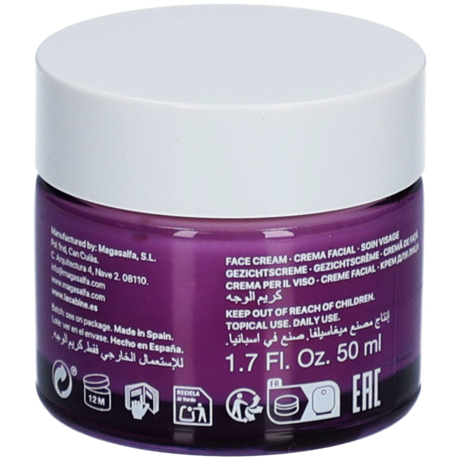 Crèmepot met witte deksel. Opschrift: laCabine COLLAGEN BOOST. Bevat pure collageen en squalaan. Paarse crème zichtbaar.
