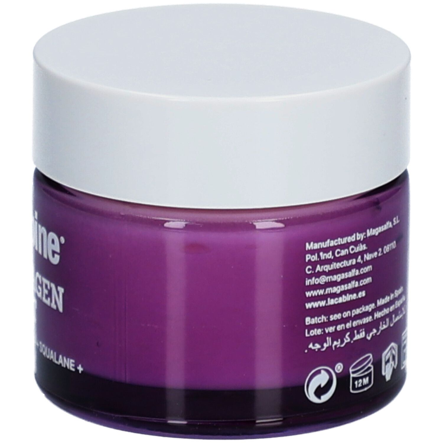 Crèmepot met witte deksel. Opschrift: laCabine COLLAGEN BOOST. Bevat pure collageen en squalaan. Paarse crème zichtbaar.