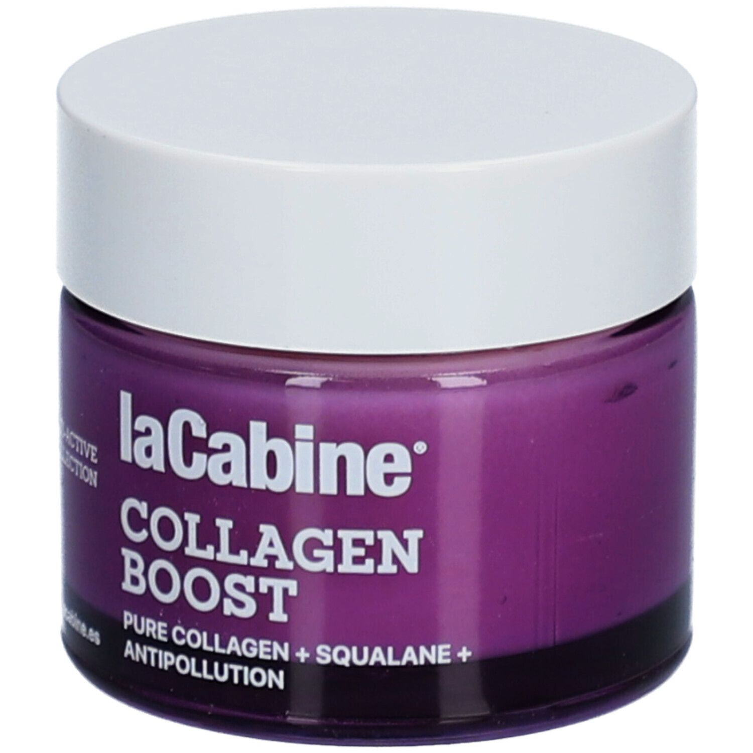 Crèmepot met witte deksel. Opschrift: laCabine COLLAGEN BOOST. Bevat pure collageen en squalaan. Paarse crème zichtbaar.