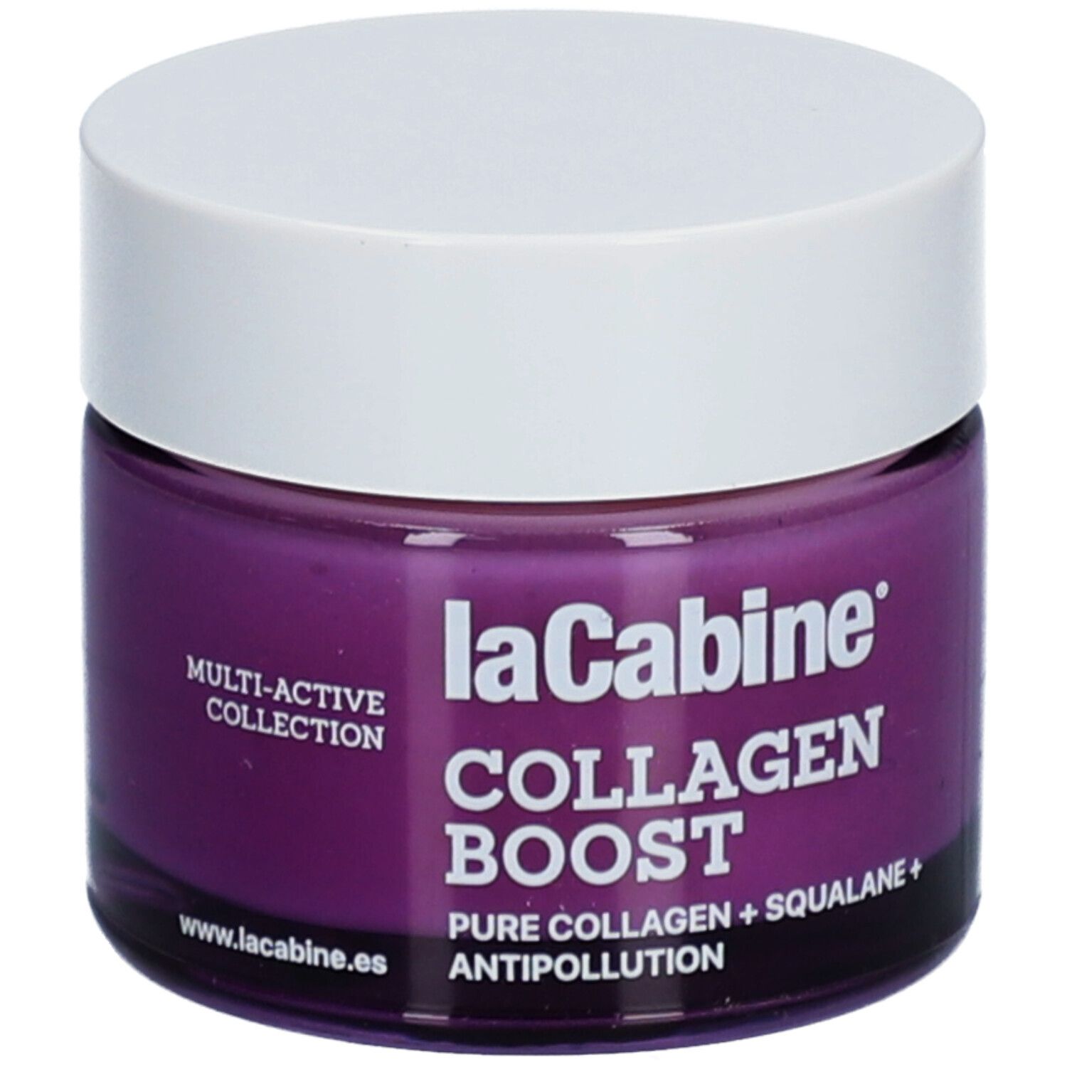 Crèmepot met witte deksel. Opschrift: laCabine COLLAGEN BOOST. Bevat pure collageen en squalaan. Paarse crème zichtbaar.