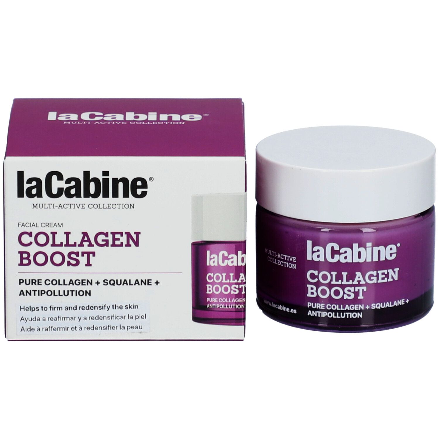 Productverpakking en crèmepot. Opschrift: laCabine COLLAGEN BOOST. Bevat pure collageen en squalaan. Paarse crème zichtbaar.