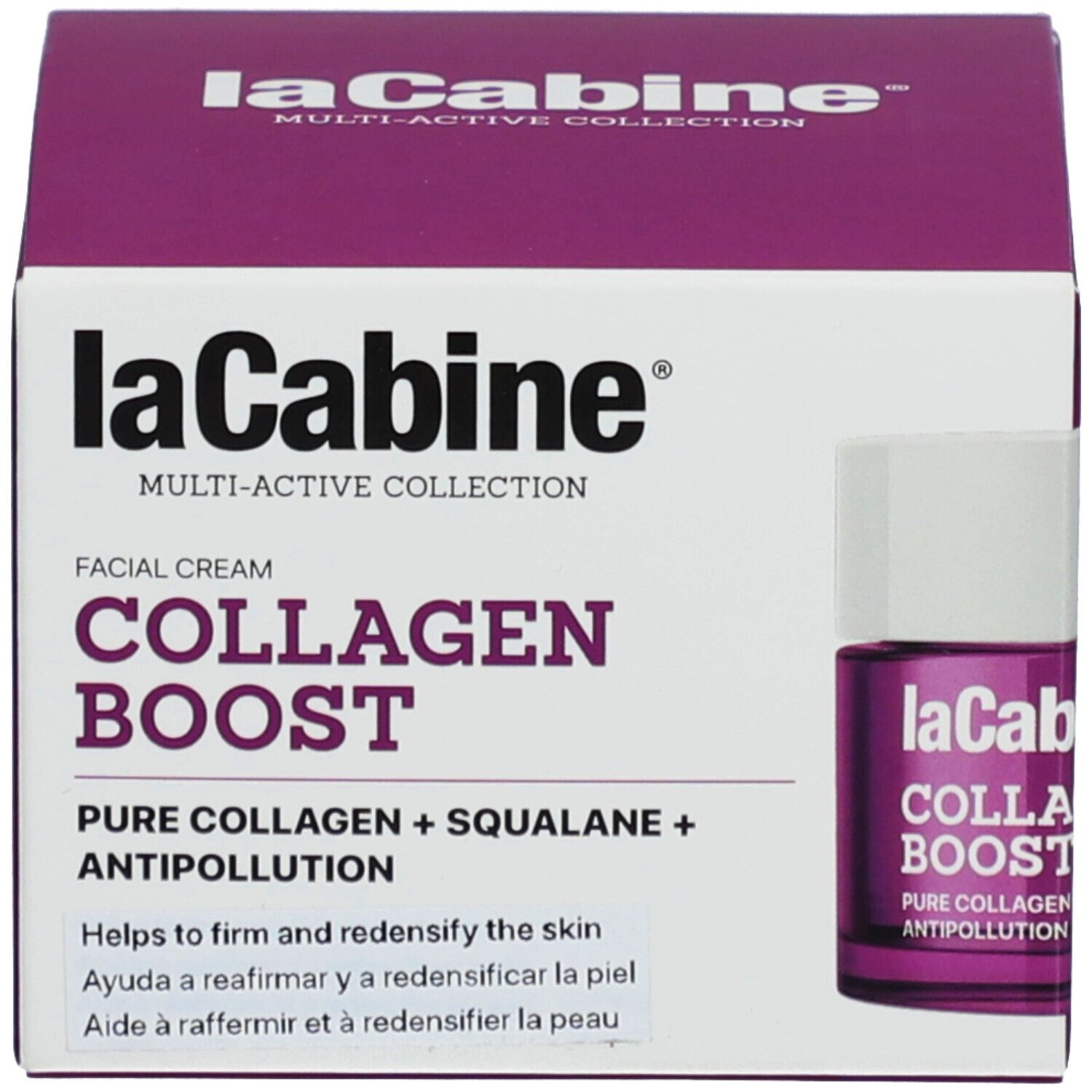 Productverpakking. Opschrift: laCabine COLLAGEN BOOST. Bevat pure collageen en squalaan. Helpt de huid te verstevigen en te verdichten.