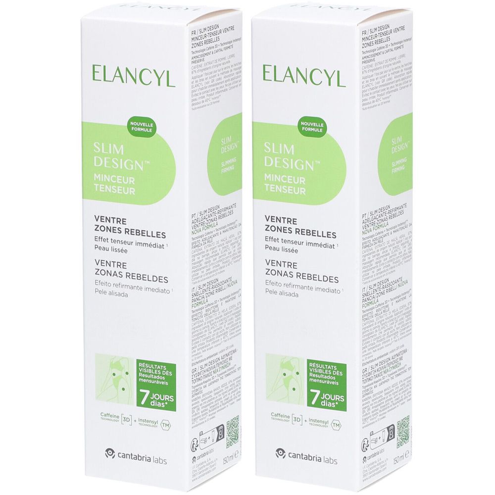 Zwei weiße Kartons mit Produktaufdruck. Aufschrift: ELANCYL, Slim Design, Minceur Tenseur, Ventre Zones Rebelles. 7 Tage Ergebnisse.