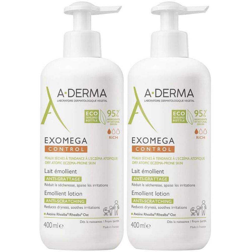 Deux flacons blancs avec pompe. Inscription: A-DERMA, EXOMEGA CONTROL, Lait émollient, Anti-Grattage, 400 ml.
