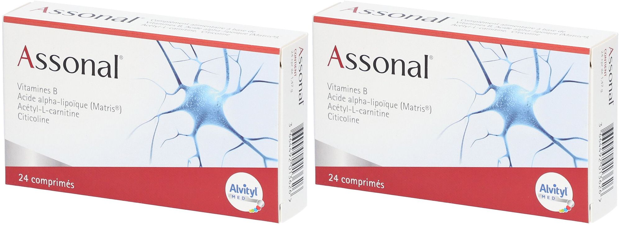 Deux boîtes d'Assonal. Inscription : Vitamines B, Acide alpha-lipoïque, Acétyl-L-carnitine, Citrulline. 24 comprimés. Marque : Alvityl.