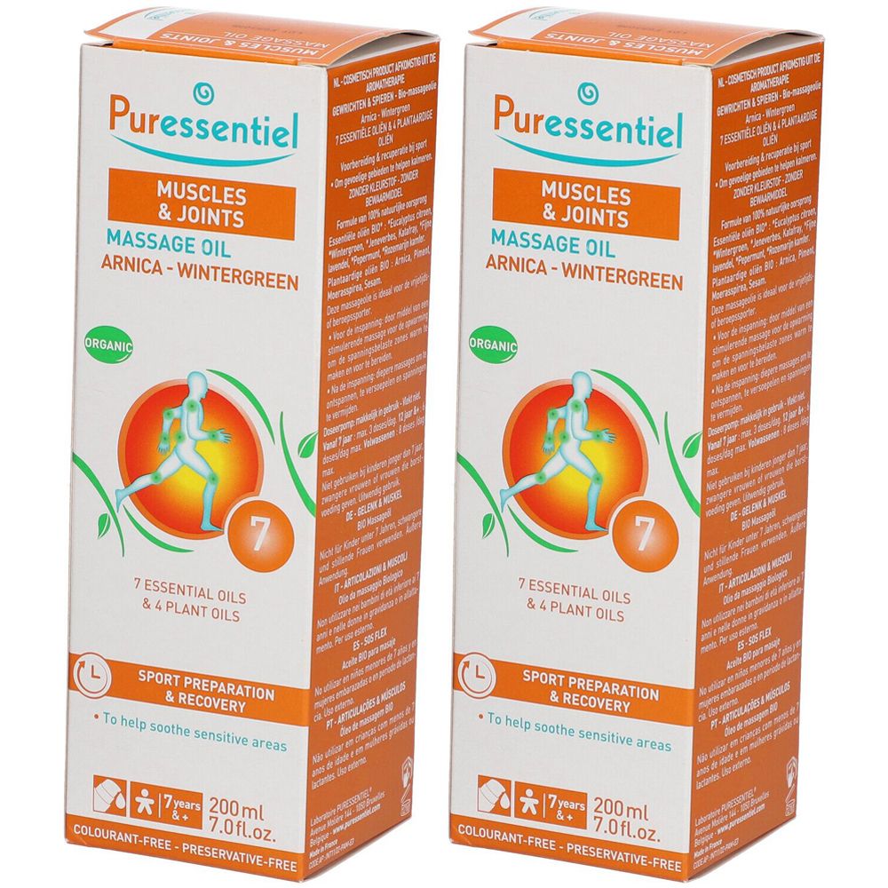 Zwei rechteckige Kartons. Aufschrift: Puressentiel, Muskeln & Gelenke Massageöl, Arnika-Wintergrün. Mit Logo und Text.