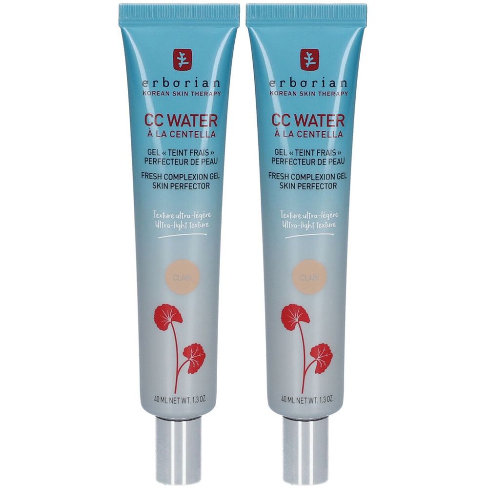 Deux tubes de CC Water Erborian. Tubes bleu clair avec noms de produits et motifs floraux. 40 ml.