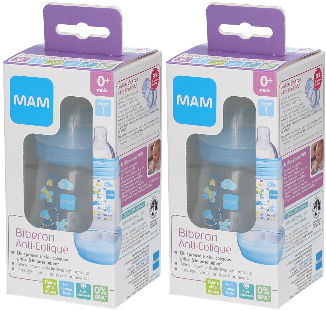 MAM Biberon anti-colique 160 ml de 0 à 6 mois motif Bleu
