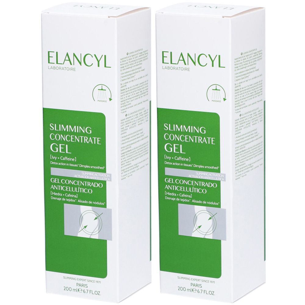 Zwei weiße Kartons mit grünem Etikett. Aufschrift: ELANCYL, SLIMMING CONCENTRATE GEL. 200 ml.