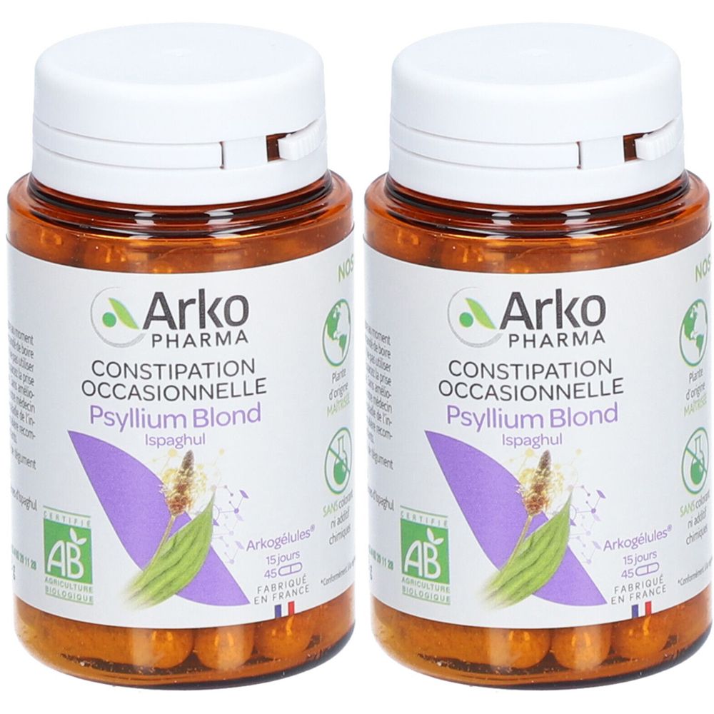 Deux flacons de gélules. Inscription: Arko Pharma, Constipation occasionnelle, Psyllium Blond, Ispaghul. Avec certification AB Bio.