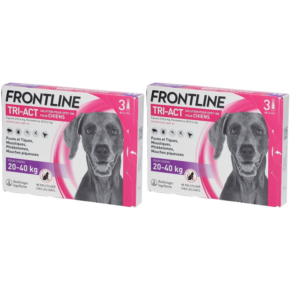 Deux boîtes de FRONTLINE TRI-ACT pour chiens. Inscription : 20-40 kg, 3 pipettes. Image d'un chien.