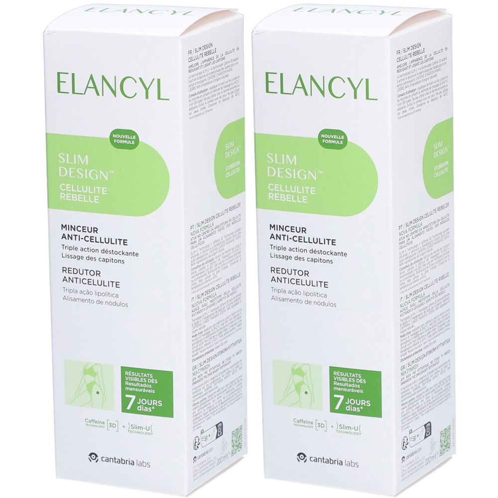 Zwei weiße Kartons mit ELANCYL Slim Design. Text: Minceur Anti-Cellulite, Redutor Anticelulite. Grüne ovale Form.