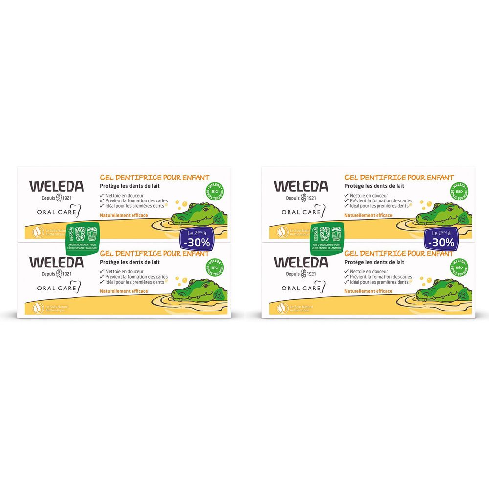 Deux boîtes de gel dentifrice WELEDA pour enfants. Texte: Gel Dentifrice pour enfant. Logo: Oral Care. -30%.