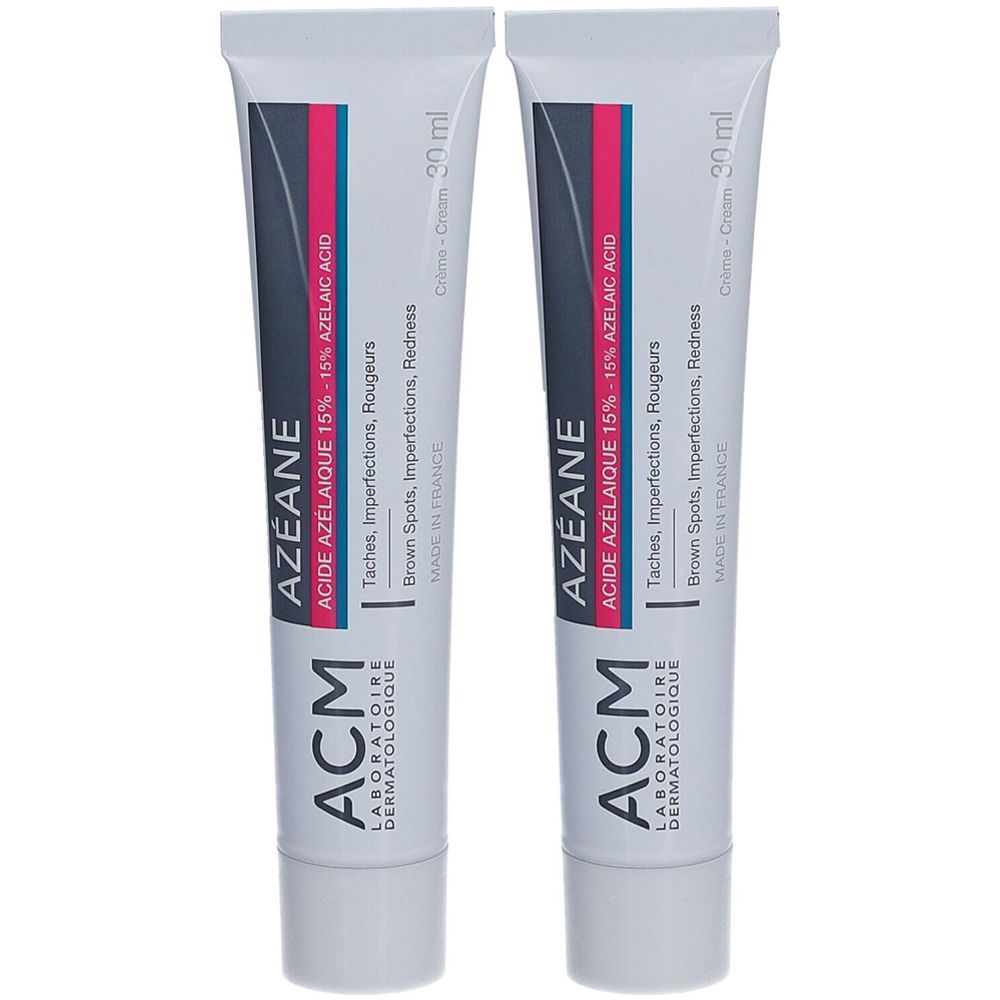 Deux tubes de crème AZÉANE. Ingrédients: acide azélaïque 15%. Pour taches, imperfections, rougeurs. Marque: ACM Laboratoire Dermatologique. 30 ml.