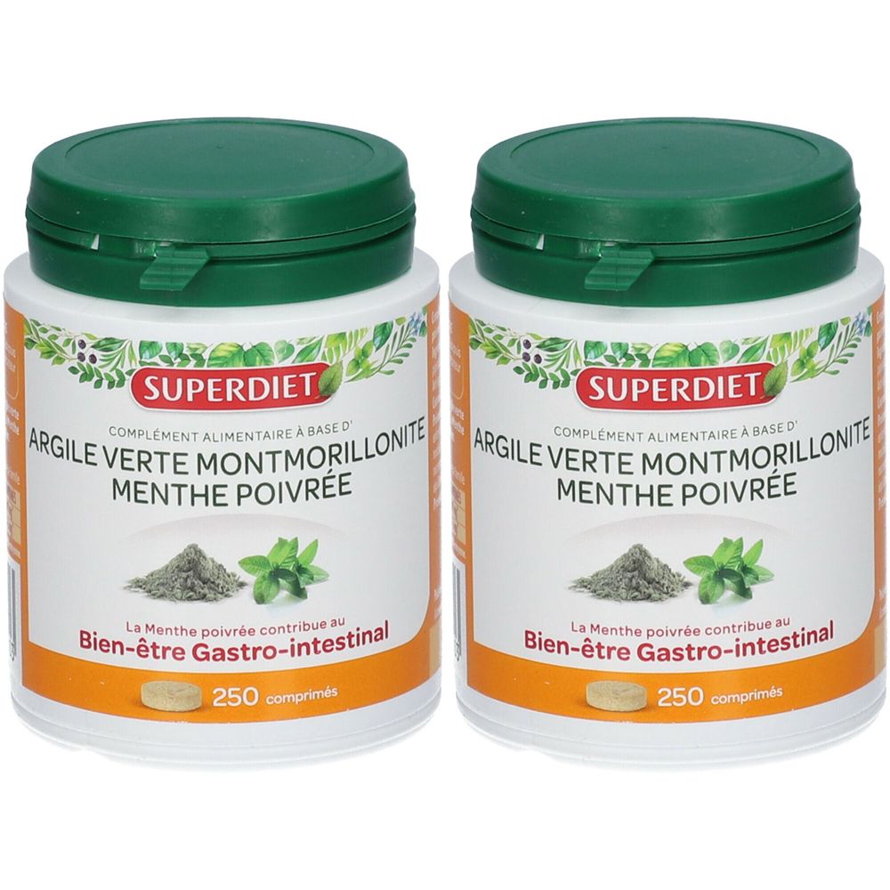 Deux boîtes blanches avec couvercles verts. Inscription: SUPERDIET, Argile Verte Montmorillonite Menthe Poivrée. Texte: Bien-être Gastro-intestinal. 250 comprimés.