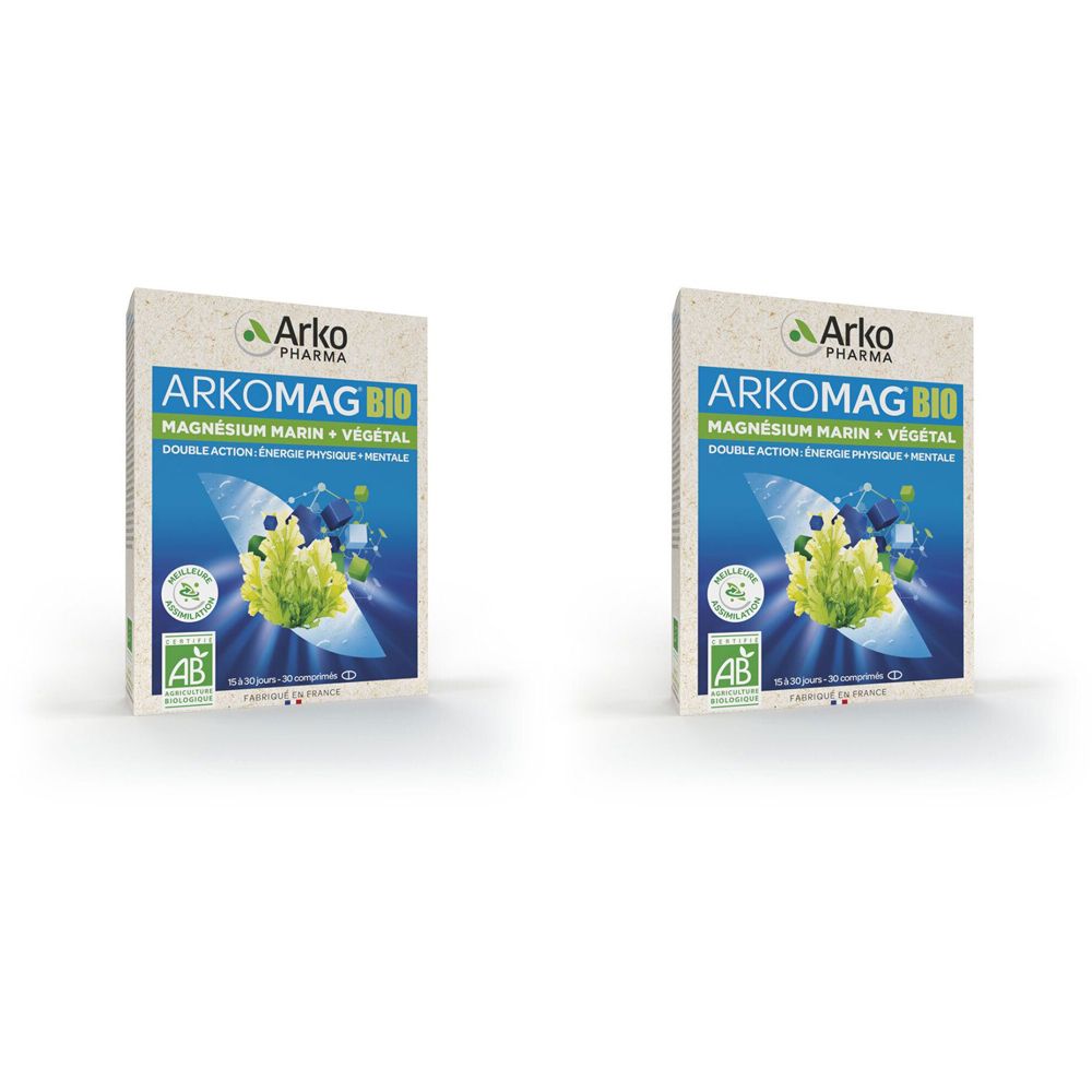 Deux boîtes rectangulaires. Inscription: Arko Pharma, ARKOMAG BIO, Magnésium marin + végétal. Avec label AB.