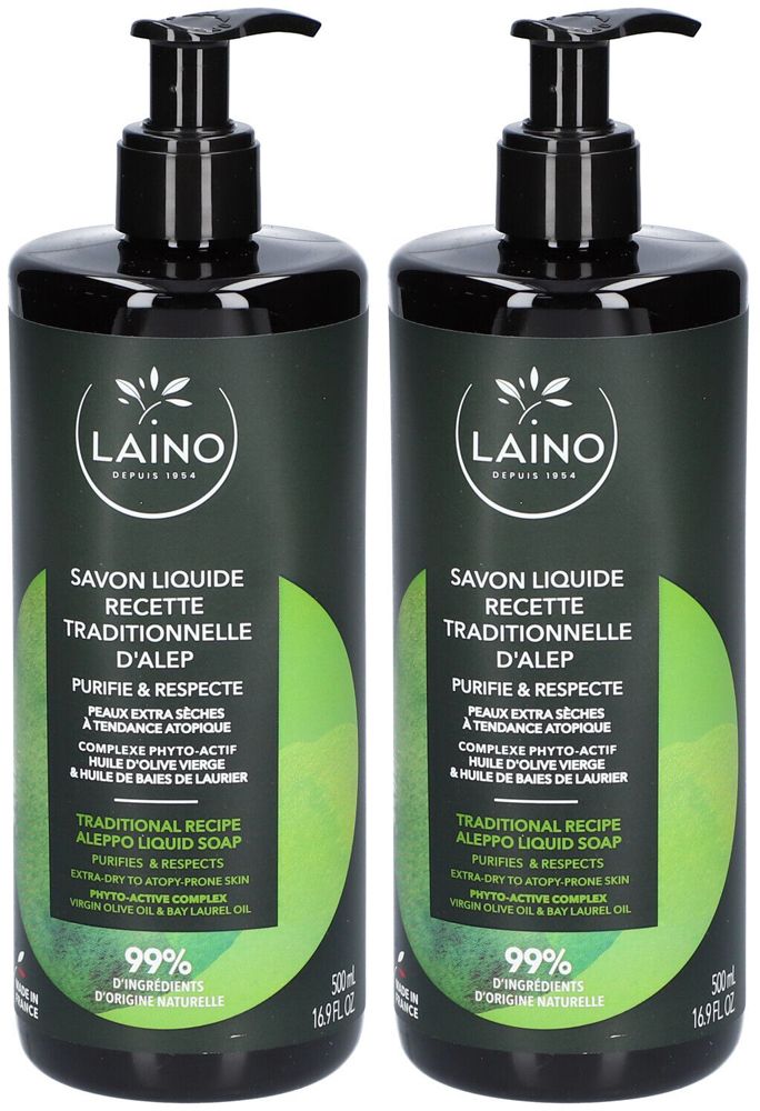 Deux flacons de savon liquide avec pompe noire. Inscription : LAINO, Savon Liquide, Recette Traditionnelle d'Alep, 99% d'ingrédients d'origine naturelle.