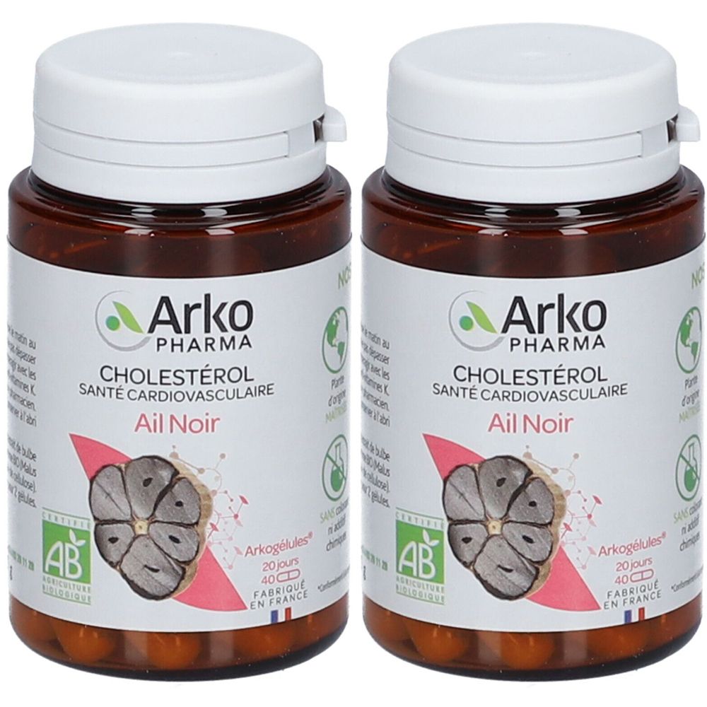 Deux flacons avec bouchons blancs. Étiquettes avec "Arko Pharma", "Cholestérol", "Ail Noir" et image d'ail. Label AB bio.