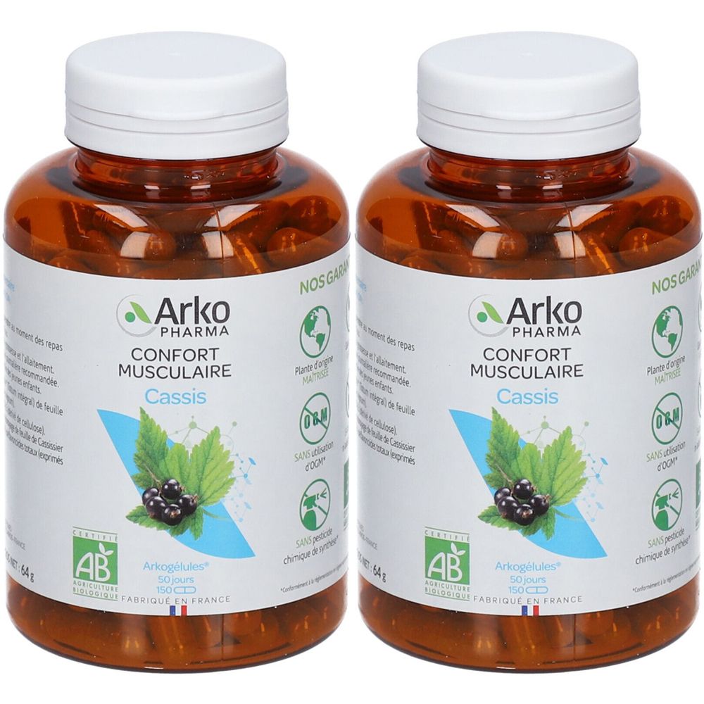 Deux flacons bruns avec bouchons blancs. Inscription: Arko Pharma, Confort Musculaire Cassis. Label bio.