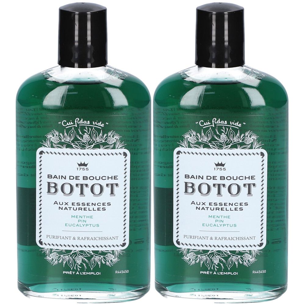 Deux flacons de bain de bouche BOTOT. Étiquette blanche avec texte: Menthe, Pin, Eucalyptus. Bouchon noir. Liquide vert.
