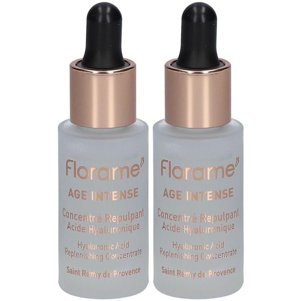 Zwei Flakons mit schwarzer Pipette und roségoldfarbenem Verschluss. Aufschrift: Florame, AGE INTENSE, Concentré Repulpant Acide Hyaluronique.