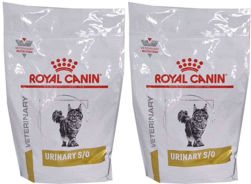 Deux paquets ROYAL CANIN® Urinary S/O. Blanc avec texte rouge. Logo et image de chat. Inscription: VETERINARY.