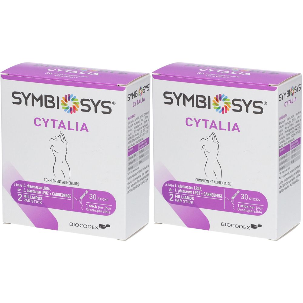 Deux boîtes SYMBIOSYS Cytalia. Emballage blanc et violet. Inscription : marque, nom du produit, illustration d'une femme.