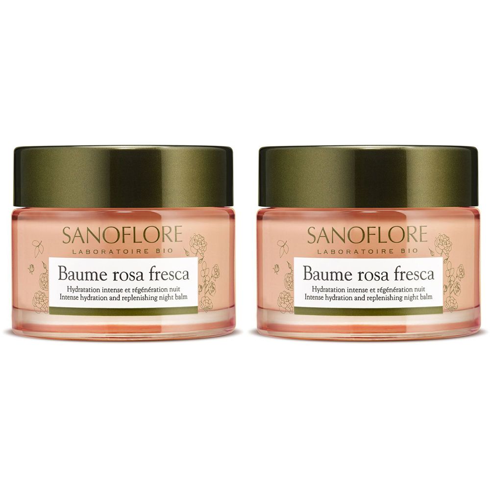 Deux pots de crème rose. Inscription : SANOFLORE, Baume rosa fresca. Couvercle vert, pot en verre.