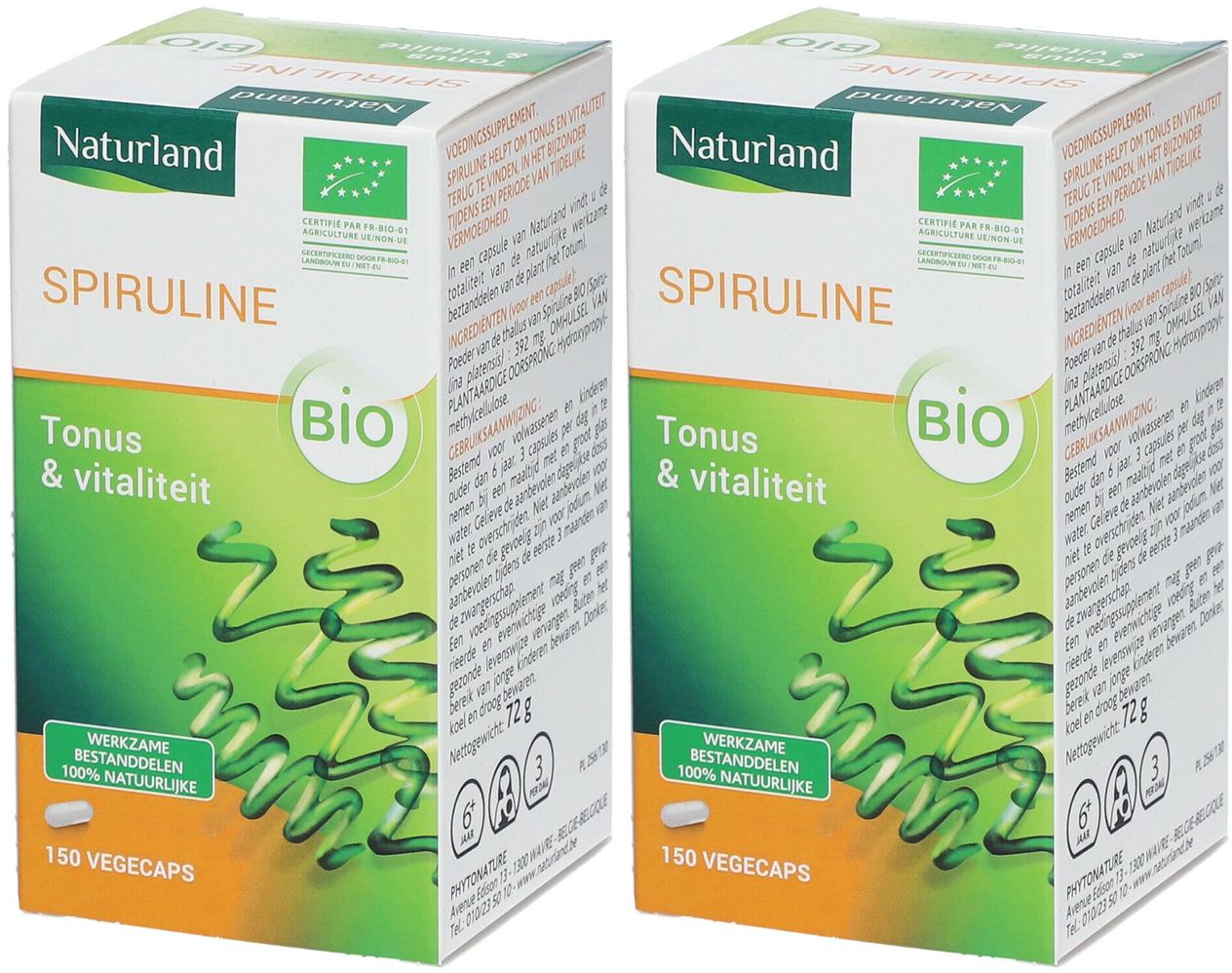 Zwei Kartons mit Spiruline-Nahrungsergänzungsmitteln. Aufdrucke: Naturland, Bio, Tonus & Vitalität, 150 Vegicaps.