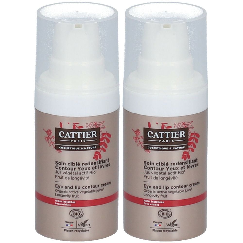 Twee crèmeflacons met pomp. Opschrift: Cattier Paris, Soin ciblé redensifiant Contour Yeux et lèvres. Bio-certificering.