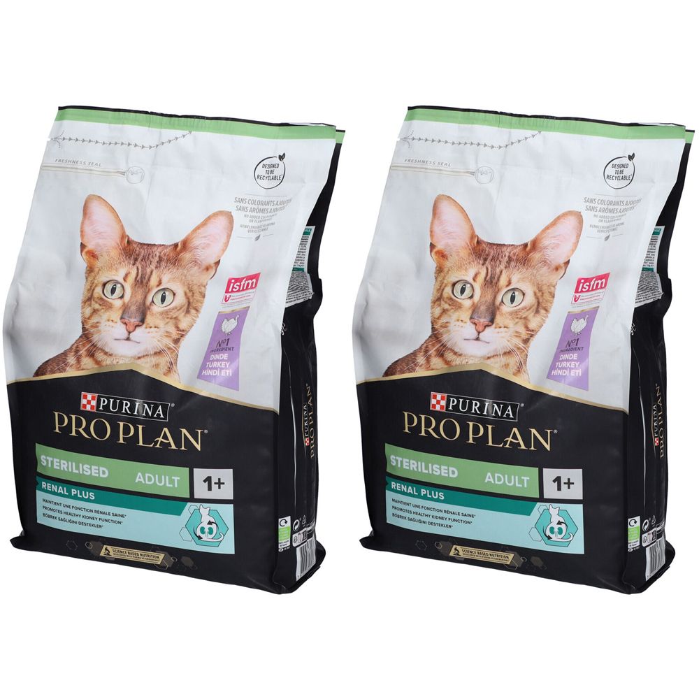 Zwei Beutel Katzenfutter. Aufdruck: PURINA PRO PLAN STERILISED ADULT 1+. Abbildung einer Katze. Verpackung mit grünem und schwarzem Design.