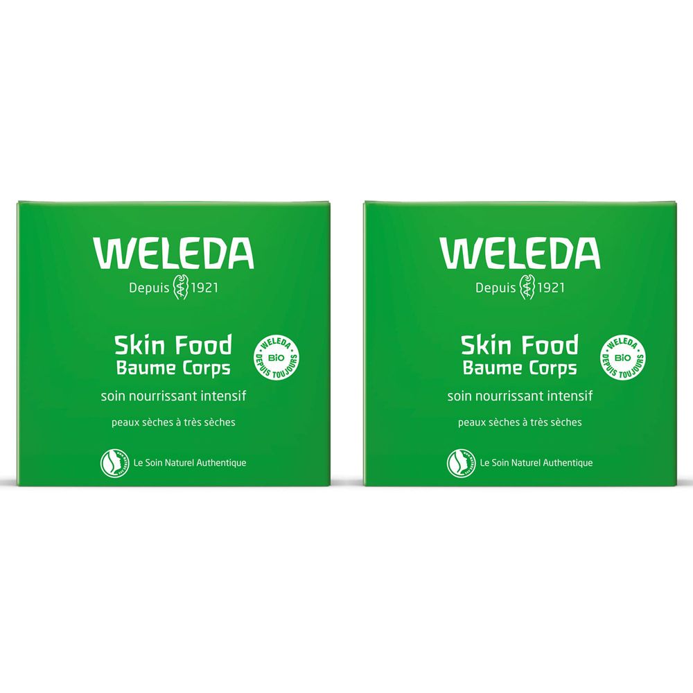 Zwei grüne Verpackungen mit dem Aufdruck WELEDA Skin Food Baume Corps. Text: soin nourrissant intensif, peaux sèches à très sèches.