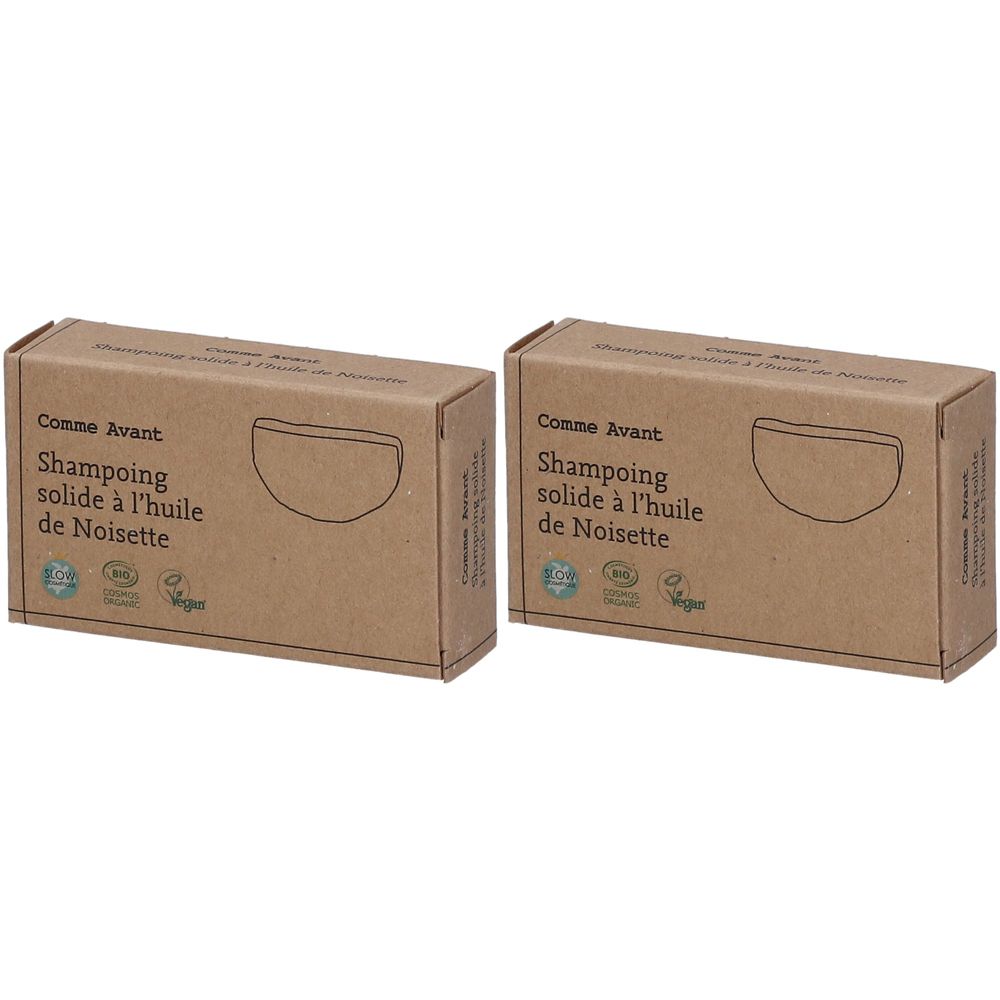 Deux boîtes rectangulaires en carton brun. Inscription : Comme Avant, shampooing solide à l'huile de noisette. Certification bio.