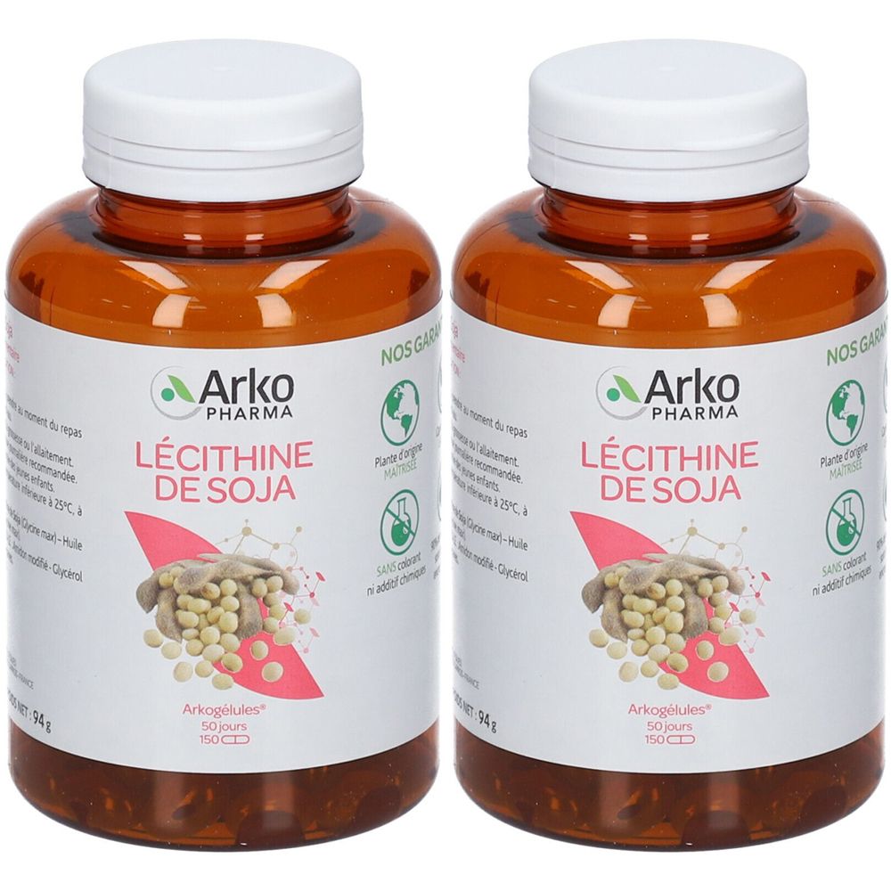 Zwei braune Flaschen mit weißen Deckeln. Auf den Etiketten steht "Lécithine de Soja" und "Arko Pharma".