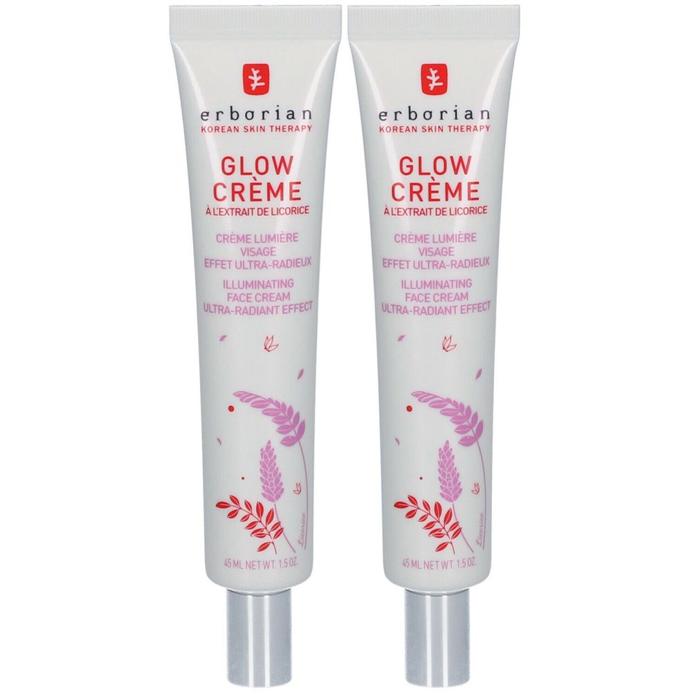 Zwei Tuben Glow Crème. Weiß, mit Aufdruck. Erborian-Logo und Produktbezeichnung. Text: Creme Lumière Visage, Ultra Radiant Effect.