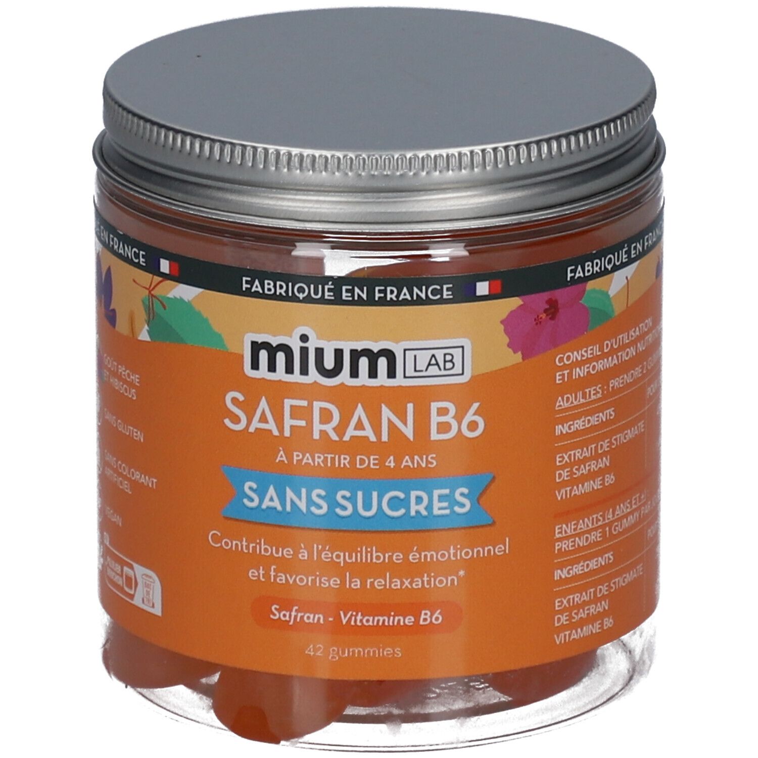 Pot de gummies orange. Inscription: Mium Lab Safran B6, sans sucres. Contient 42 gummies.