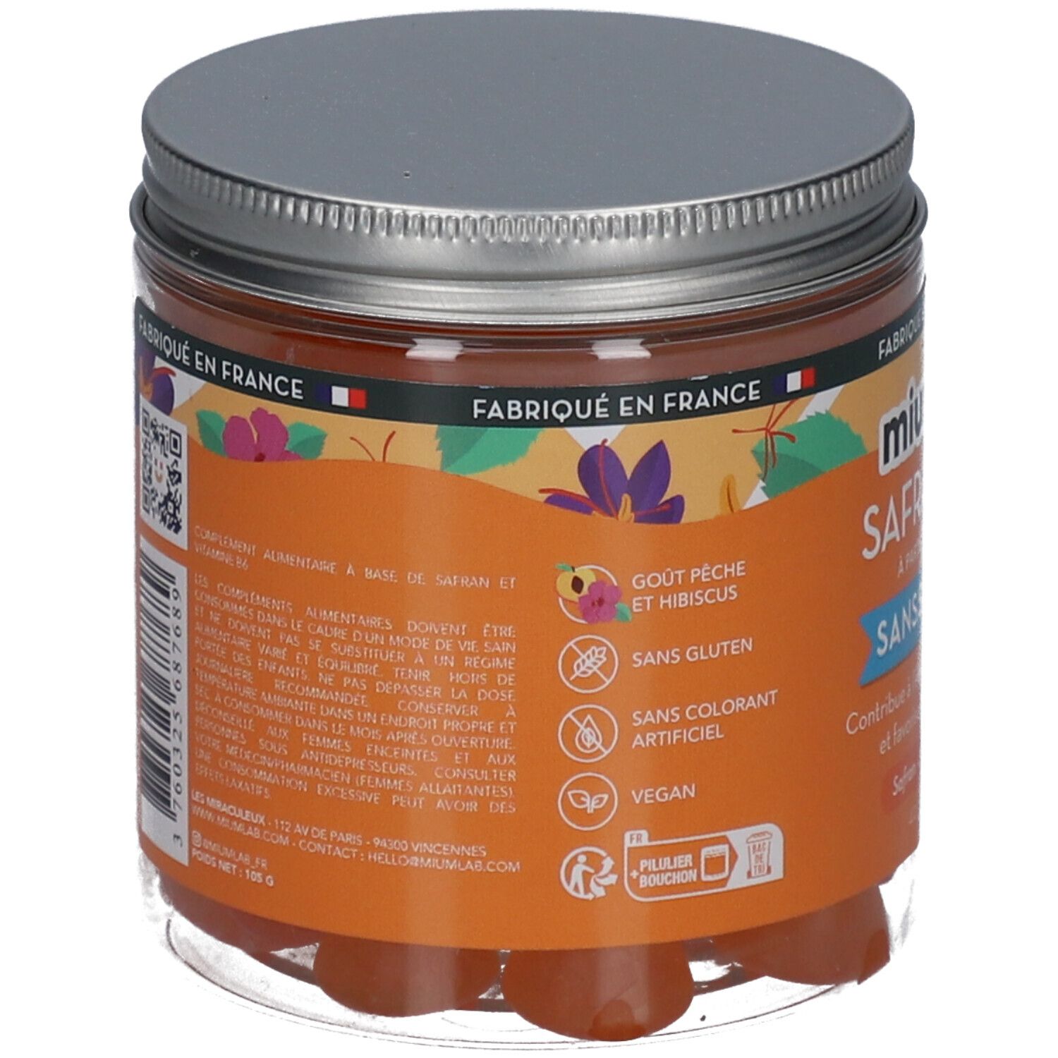 Dos du pot de gummies orange. Inscription: Mium Lab Safran B6. Informations sur les ingrédients et la valeur nutritionnelle.