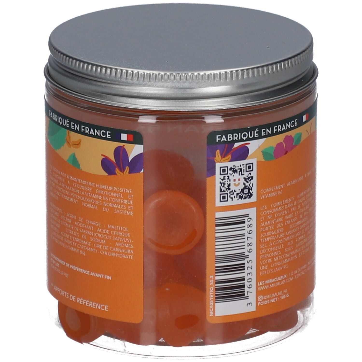 Dos du pot de gummies orange. Inscription: Mium Lab Safran B6. Informations sur les ingrédients et la valeur nutritionnelle.