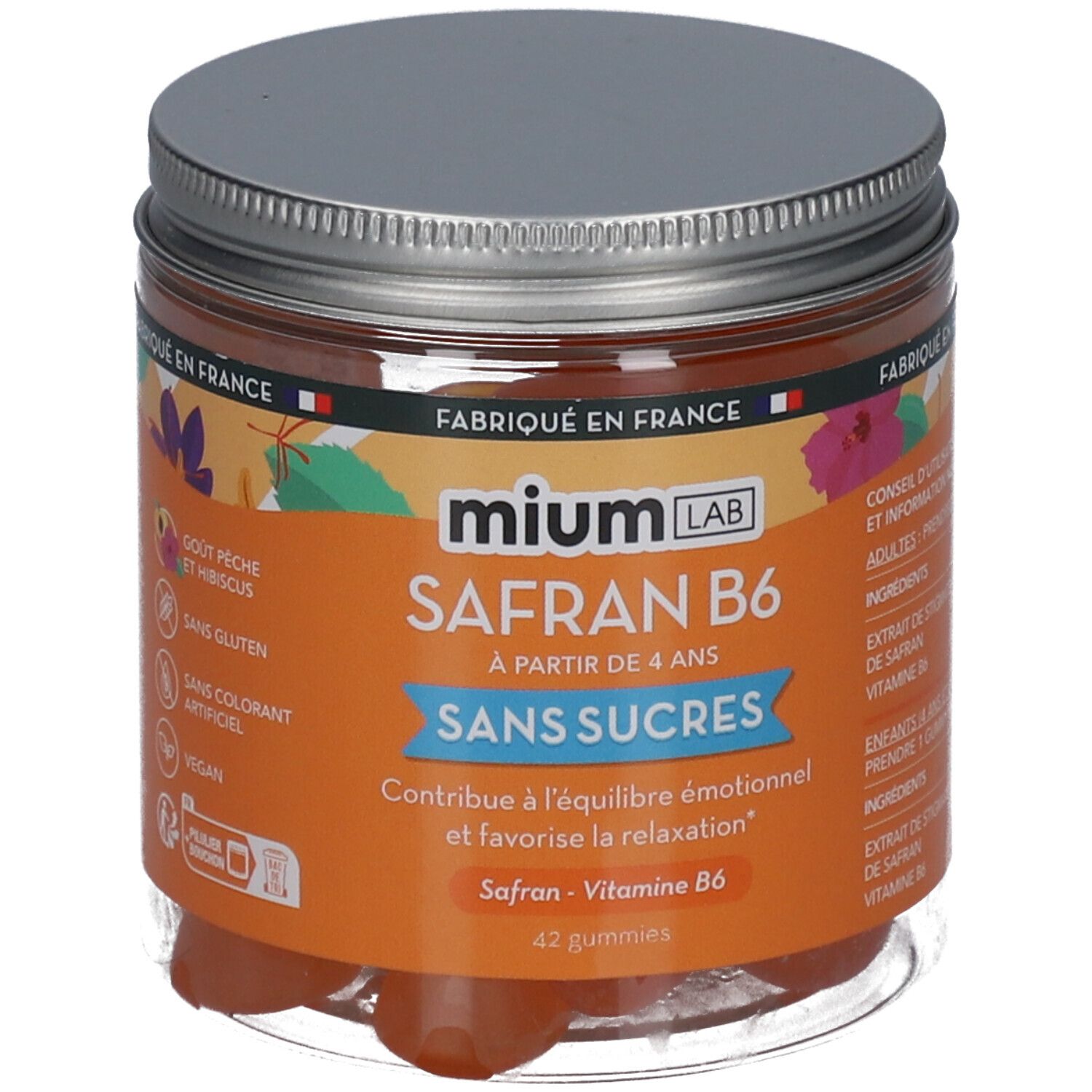 Pot de gummies orange. Inscription: Mium Lab Safran B6, sans sucres. Contient 42 gummies.
