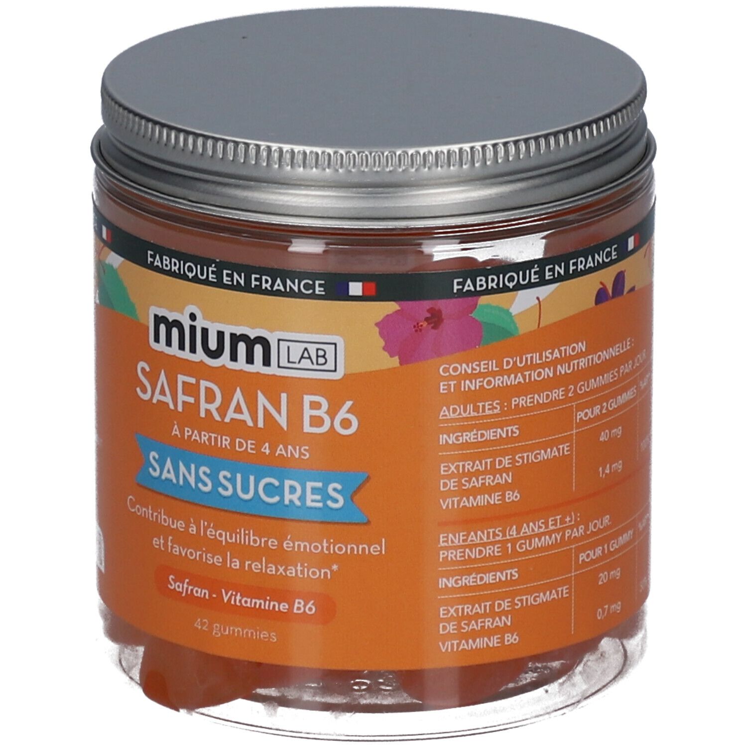 Pot de gummies orange. Inscription: Mium Lab Safran B6, sans sucres. Contient 42 gummies.