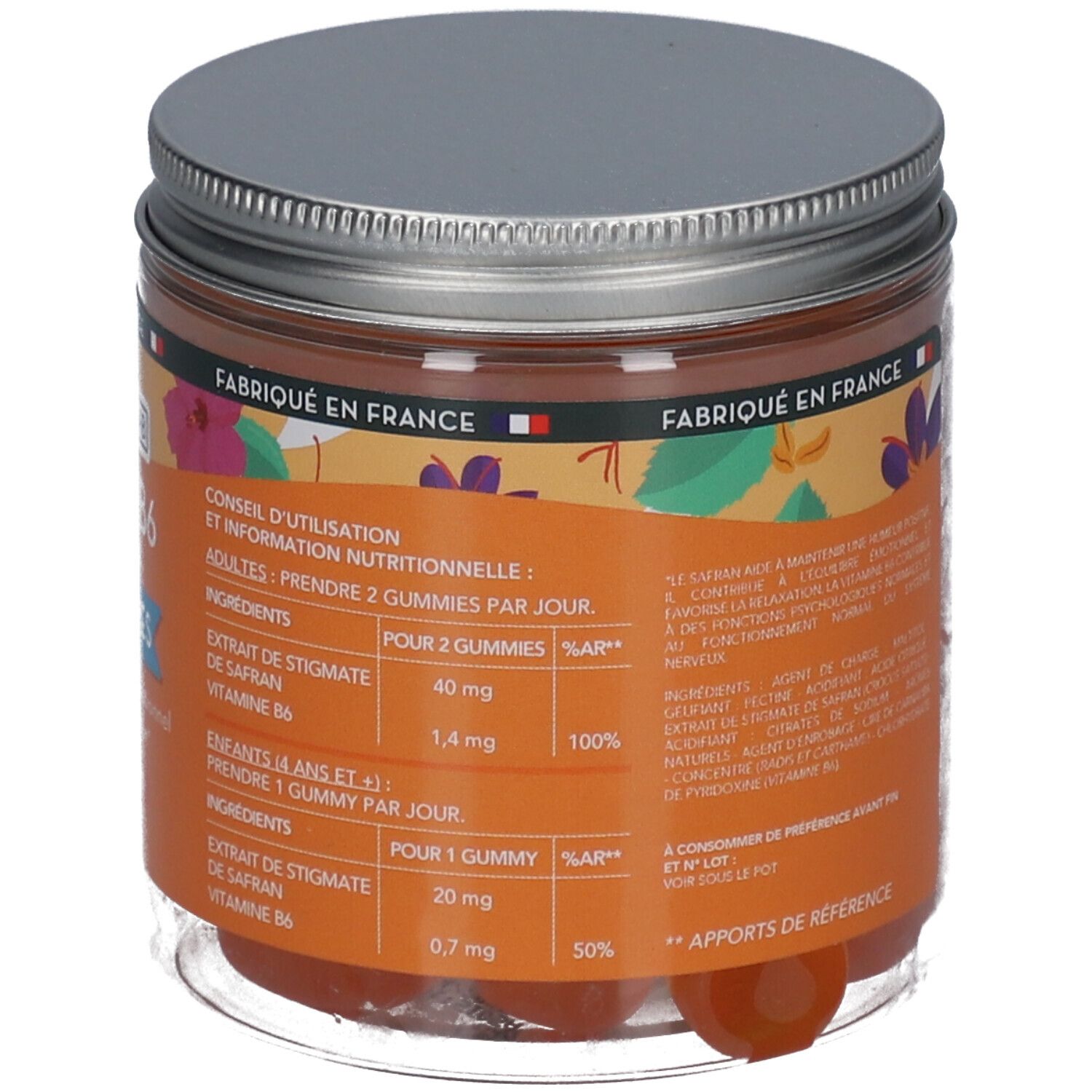 Dos du pot de gummies orange. Inscription: Mium Lab Safran B6. Informations sur les ingrédients et la valeur nutritionnelle.